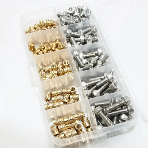 All In One Screw And Nut Kit With Brass Heat Insert Nuts And Hex Socket Cap Screws From M2.5 To M8 neatly organized in a case