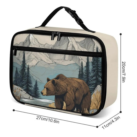 Mountain Bear Tree Lake Insulated Lunch Bag Reusable Lunch Box Cooler Tote On The Go with bear and nature design.