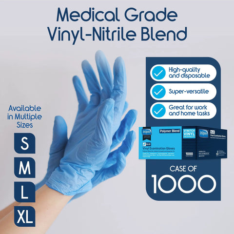 Front view of blue nitrile-vinyl blend disposable gloves on hand; large size, case of 1000 by Amazon
