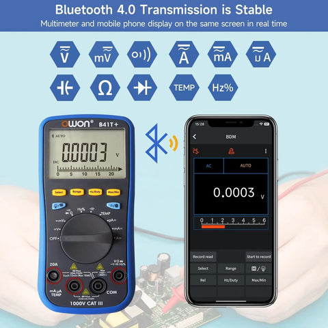 B41T Bluetooth Digital Multimeter With Auto-Ranging TRMS and 22000 Counts and smartphone showing real-time data sync