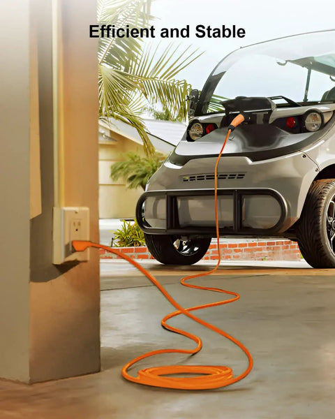 10Ft Heavy Duty EV Charging Cable Built Tough For Golf Carts And Electric Vehicles Featuring Premium Copper Wiring IP54 Waterproof Cord connected to a golf cart.