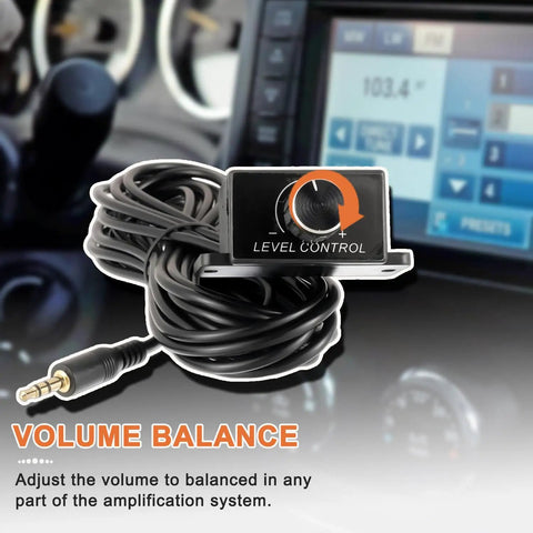 Universal Car Amplifier Level Controller With 3.5mm Cable Sub Amp Gain Knob shown with audio system in background