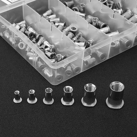 Rivet Nut Set 150 Pcs Stainless Steel 304 M3 To M10 Fastening Hardware Kit in transparent box with nuts displayed