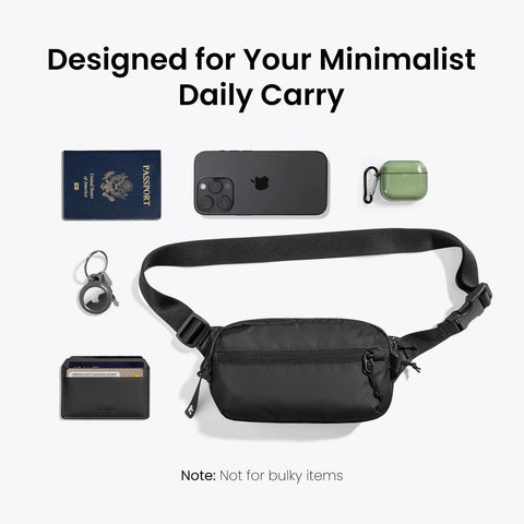 1.5L Sling Bag With RFID Blocking, Crossbody Chest Pack For Men And Women displayed with passport, phone, and accessories