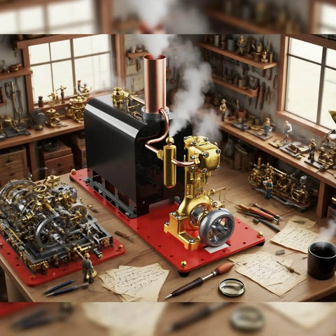 Mini Live Steam Engine Kit With Copper Boiler Reversible Reciprocating Single Cylinder CNC Machined Parts on workshop table