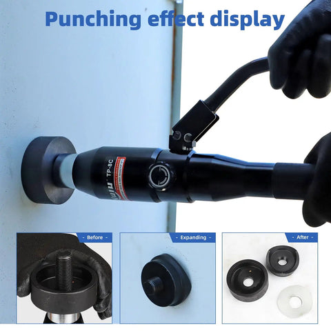 Hydraulic Knockout Punch Kit With 66 Kilonewton Power Pro Grade Six Hole Opening Dies punching metal panel, user in gloves