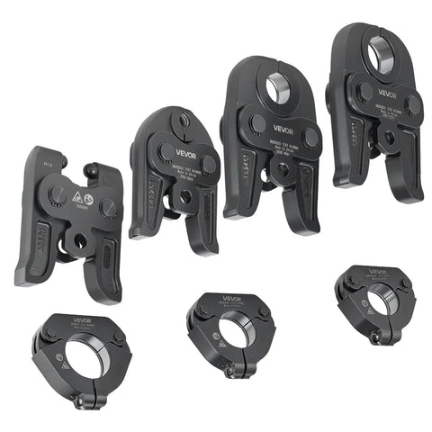 VEVOR 7 Piece VMP Pressing Kit With 3540 Actuator And Jaws For 1/2 To 2 Inch Carbon Steel Piping showing multiple jaw sizes.