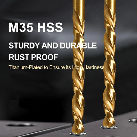 Close-up of M35 HSS drill bits, part of Pro Grade M6 X 1 Spiral Point Thread Tap And 5.0 mm Twist Drill Bit Set for metalworking.