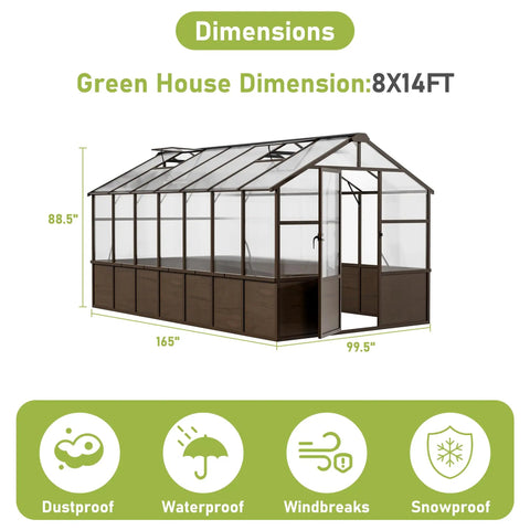 8x14 Ft Wooden Greenhouse For Outdoors With Walk In Design Polycarbonate Panels Lockable Door Roof Vent Heavy Duty Pine Frame