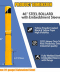 46 Inch Removable Steel Safety Bollard With Bright Yellow Powder Coat Embedding Sleeve No Sweat Swap Locking Ring, side view with dimensions.