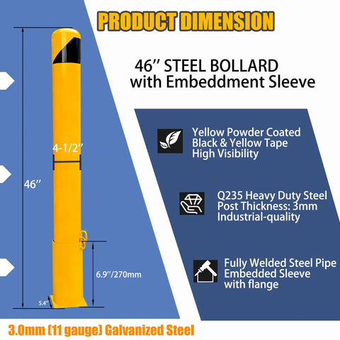 46 Inch Removable Steel Safety Bollard With Bright Yellow Powder Coat Embedding Sleeve No Sweat Swap Locking Ring, side view with dimensions.