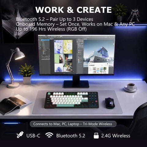 Slick 87 Key Gasket Mount Tenkeyless Mechanical Keyboard Featuring Hot Swappable Switches And Full Spectrum RGB Illumination For A Buttery Silky Typing Experience Plus Reliable Tri Mode Wireless Setup Ideal For Daily Coding Or Intensive Gaming on a sleek desk setup.