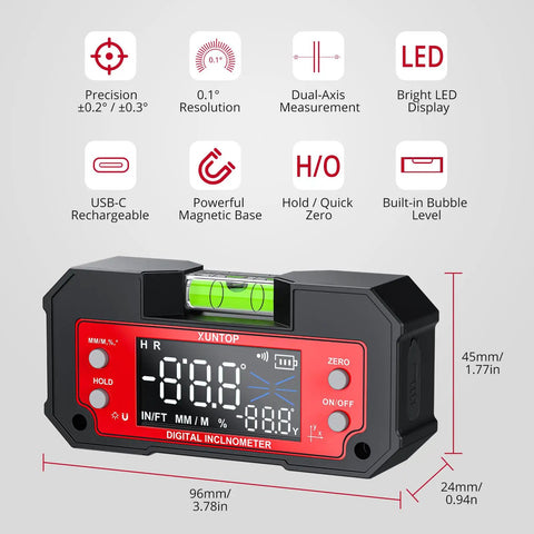 Dual Axis Digital Angle Finder With Magnetic Base for Woodworking and Table Saw setup LED display and USB-C
