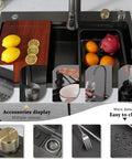 65x50 cm Kitchen Sink Multi-Function Faucet with Retractable Sprayers Includes Basket Strainer Siphon and Drainage Set for Efficient Water Flow, showcasing cutting board and accessories.