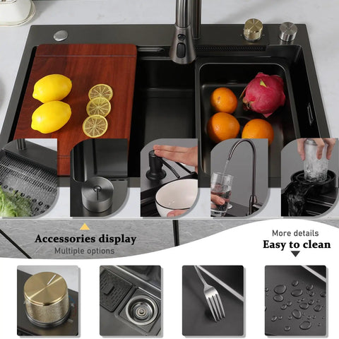 65x50 cm Kitchen Sink Multi-Function Faucet with Retractable Sprayers Includes Basket Strainer Siphon and Drainage Set for Efficient Water Flow, showcasing cutting board and accessories.