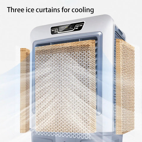 Three ice curtains of the Straight Up Solid Portable Swamp Cooler and LED screen view for home use.