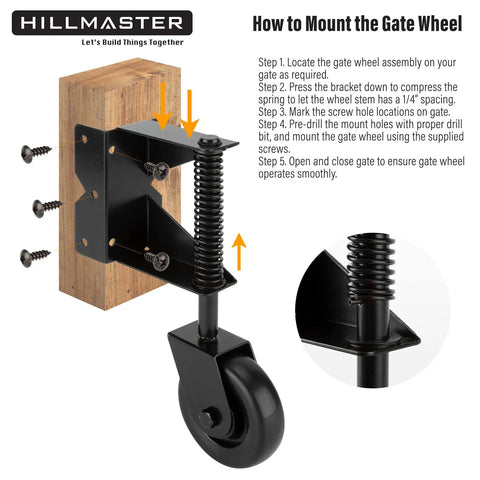 Beefy 4 Inch Gate Wheel Caster Kit With Spring Loaded Gate Helper For Wooden Fences And Vinyl Swing Gates, mounting guide