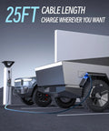 Ready For Tesla Level 1 And Level 2 Portable EV Charger with NEMA 14 50 Plug charging electric vehicle, showing 25ft cable length.