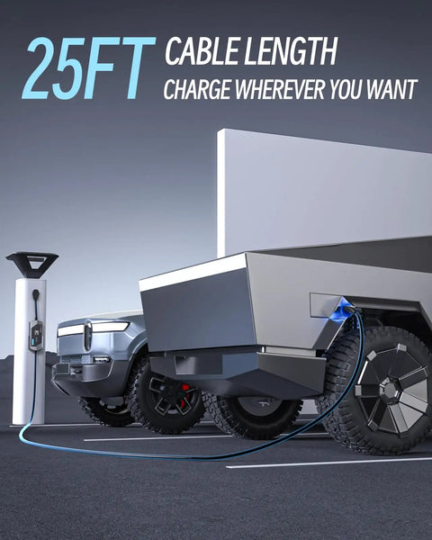 Ready For Tesla Level 1 And Level 2 Portable EV Charger with NEMA 14 50 Plug charging electric vehicle, showing 25ft cable length.