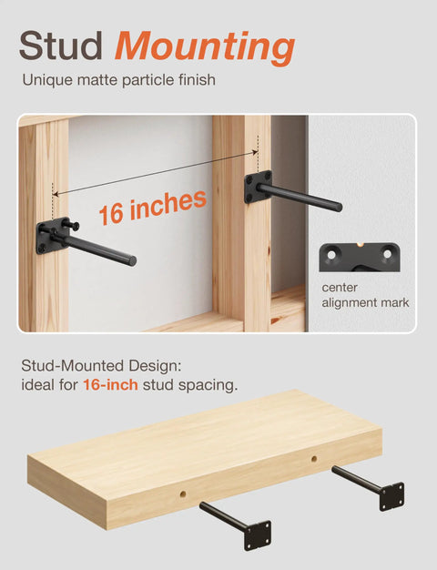 Illustration of stud mounting with 6 Inch Floating Shelf Brackets 8 Pack Solid Steel Hidden Shelf Supports with hardware.