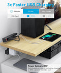 Under Desk Clamp Power Strip With 10 Outlets And 3 USB Ports, 20W USB-C Fast Charge, 6 Ft Cord, charging devices on a desk