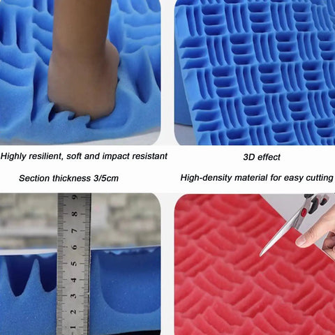 Top Shelf Knockout Sound Dampening Self Adhesive Acoustic Foam Rolls showing blue high density foam with hand indenting for sound proofing.