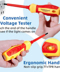 Insulated Electrician Screwdriver Set 9 Piece 1000V with Voltage Tester, ergonomic handle close-up in use, ToolinHand branding