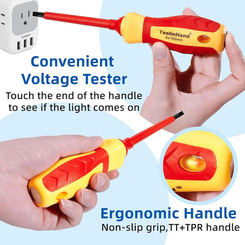 Insulated Electrician Screwdriver Set 9 Piece 1000V with Voltage Tester, ergonomic handle close-up in use, ToolinHand branding