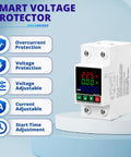 No Sweat 220V Adjustable Voltage Protector Smart Circuit Breaker displays adjustable voltage and current settings.