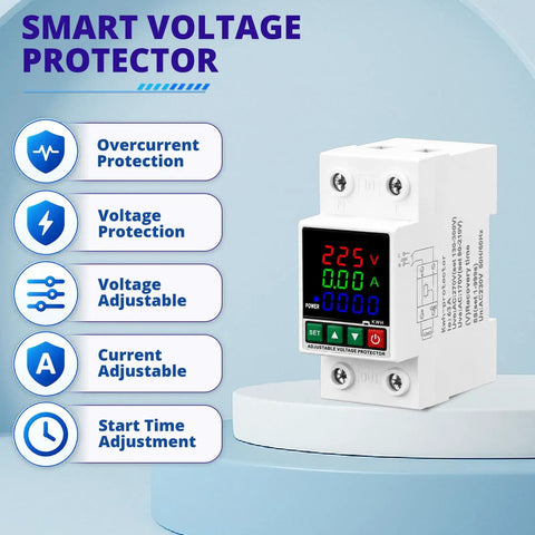 No Sweat 220V Adjustable Voltage Protector Smart Circuit Breaker displays adjustable voltage and current settings.