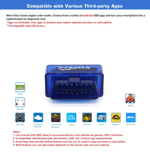 Android Only Bluetooth OBD2 Scanner For Cars Plug And Play Wireless Check Engine Codes Reader And Diagnostic Tool Works With Android Phones And Tablets Not For iOS, showing front view