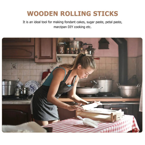 Woman using 4 Piece Plasticine Rolling Pin Set With Wooden Handles For Dough, Embossing And Bakeware, Kid Friendly Rolling Sticks