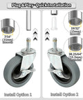 Four 4-inch stem caster wheels with gray rubber tires for carts; shows two install options: smooth 7/16 and threaded stems