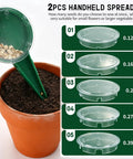 Seven Piece Seed Dispenser Set With 12 Hole Seeder Upgraded Mini Seed Spreader shown scooping seeds into a planter