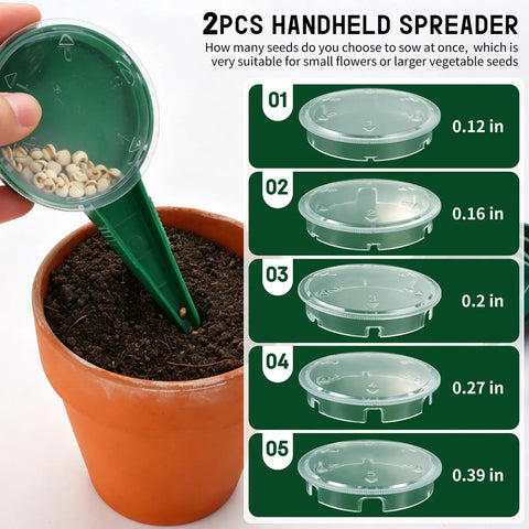 Seven Piece Seed Dispenser Set With 12 Hole Seeder Upgraded Mini Seed Spreader shown scooping seeds into a planter