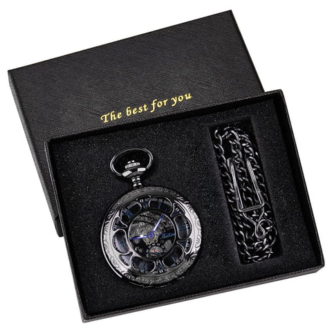 Mechanical Skeleton Pocket Watch For Men, Black Roman Numerals, Old School Antique Look, Chain Included, Easy Read Time Without Opening Lid, Durable Mens Pocket Watch