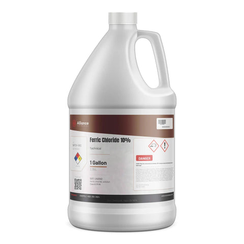 Ferric Chloride Ten Percent Solution For PCB Etching, Water Treatment, And Wastewater Coagulation FeCl3 Two Gallon Pack Designed For Industrial And Laboratory Use Technical Grade CAS 7705-08-0 in a large white jug with label.