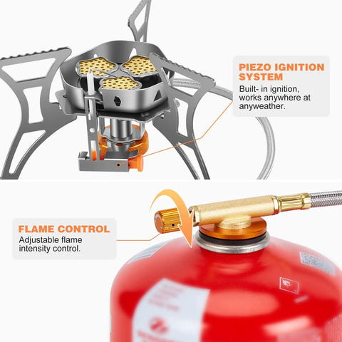Close-up of Powerful 6800W Windproof Camping Stove with Piezo Ignition and adjustable flame control for backcountry cooking.