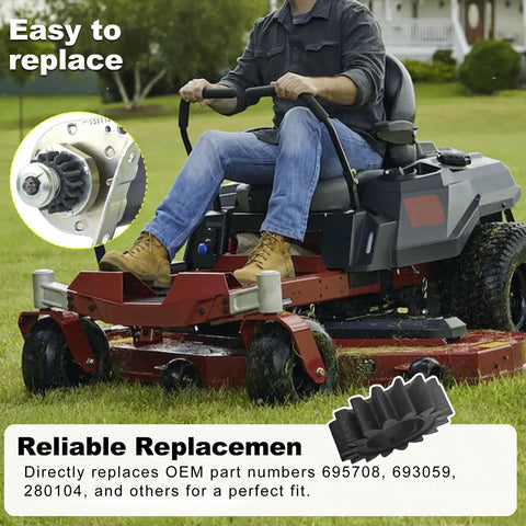 Rider on a lawn mower utilizing Starter Pinion Gear Replacement Kit For Lawn And Garden Small Engine Models 693058, 693059, 280104, 280104S, 5086H, M150236