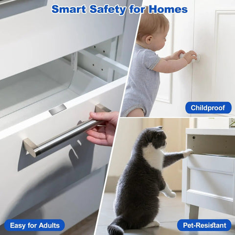 Magnetic Door Catch Set Ultra Thin Cabinet Magnets for closure, showing childproof and pet-resistant features in use.