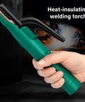 Heavy Duty Welding Electrode Holders And Clamps With 800A High Conductivity Copper Jaws For Industrial Jobsites, green welding torch in hand.