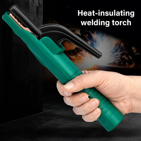 Heavy Duty Welding Electrode Holders And Clamps With 800A High Conductivity Copper Jaws For Industrial Jobsites, green welding torch in hand.