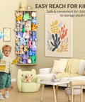 Wood Corner Stuffed Animal Storage Organizer With Star Pattern Adjustable Hanging Toy Shelf filled with plush toys in playroom.