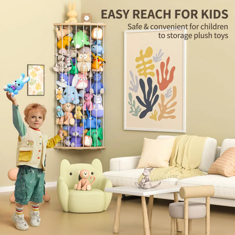 Wood Corner Stuffed Animal Storage Organizer With Star Pattern Adjustable Hanging Toy Shelf filled with plush toys in playroom.