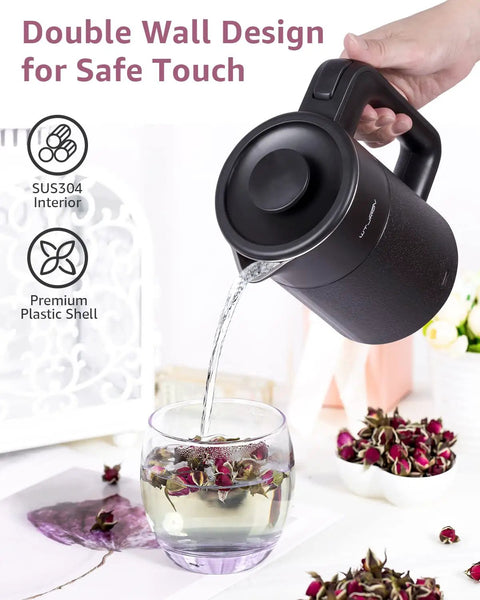 Grab And Go 0.6L Electric Kettle For Travel Ultralight 1.34lb 600W Fast Boil Double Wall Stainless Steel Auto Shut Off Pouring Tea