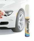 Car Touch Up Paint Pen for Scratches and Dings, Quick and Easy Automotive Paint Repair, Clear White Finish next to a scratched car