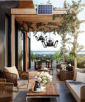 Premium Solar Pendant Light With Remote Control And Sixty Leds illuminates a stylish patio with modern chairs and a solar panel.