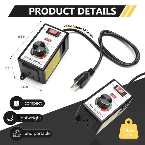 AC 120V 15A Speed Controller Regulator For Router, Fan, And Polishing Machines With 4000W Capacity, dimensions shown, cable length 36 inches