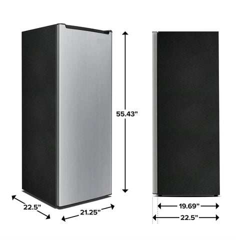 Seven Cubic Foot Convertible Upright Fridge Freezer Real Deal Smooth Operator With Click To Switch Dual Temp Modes dimensions shown from front and side.