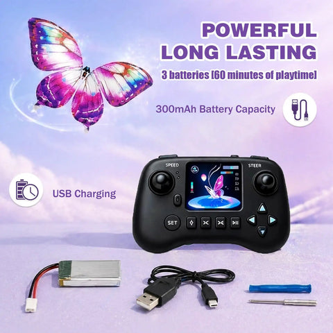 Flying RC Butterfly Drone With LED Light And Realistic Bionic Wing Flap Motion controller and accessories in view